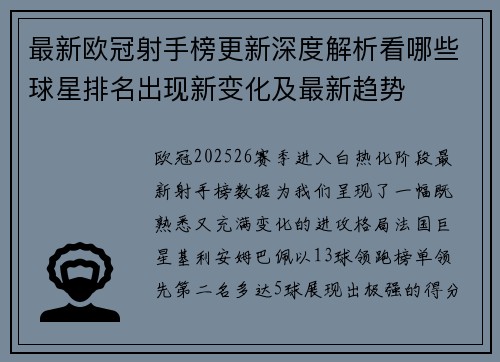 最新欧冠射手榜更新深度解析看哪些球星排名出现新变化及最新趋势