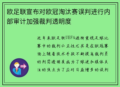 欧足联宣布对欧冠淘汰赛误判进行内部审计加强裁判透明度